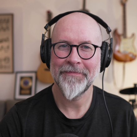 Joe Schwab recording a podcast episode